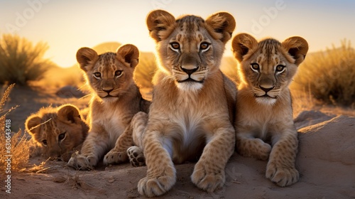a group of young small teenage lions curiously looking straight into the camera in the desert, ultra wide angle lens photo