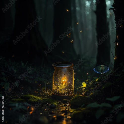 lantern in the forest, fireflies, magical forest,generative AI
