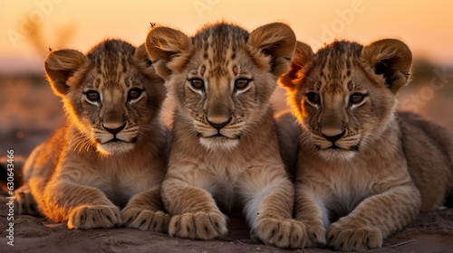 a grounp of young small teenage lions curiously looking straight into the camera, ultra wide angle lens. Generative AI technology