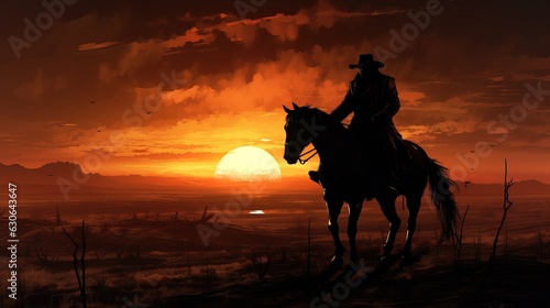 Image of a cowboy riding a horse during sunset. Rider silhouette. © Stavros