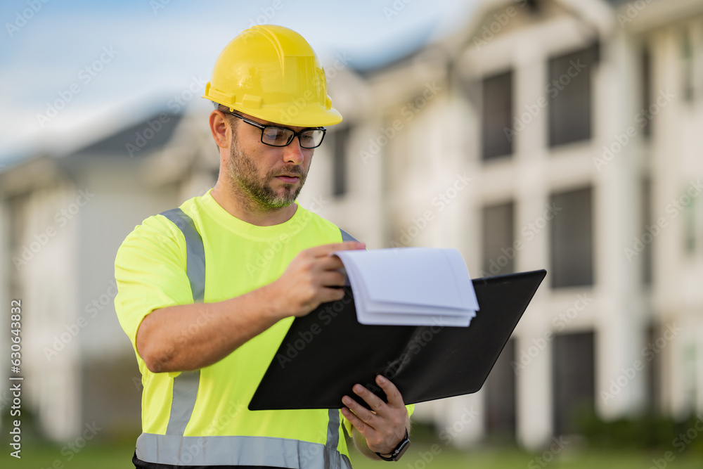 Engineer with clipboard, building inspection. Construction man in helmet build new house. Engineer work in builder uniform and hard hat. Foreman outdoor portrait. Engineer with clipboard, building inspection. Construction man in helmet build new house. Engineer work in builder uniform and hard hat. Foreman outdoor portrait.