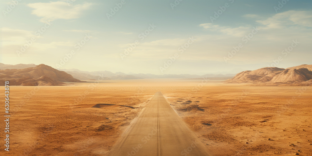 illustration of a road through the desert. Desert landscape, sand and road leading to the horizon. Created with Generative AI