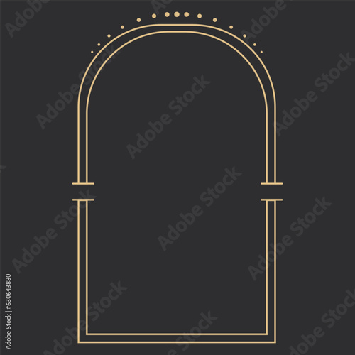 Golden celestial frame, border, arch line art esoteric minimal decoration with sparkles isolated on dark background.