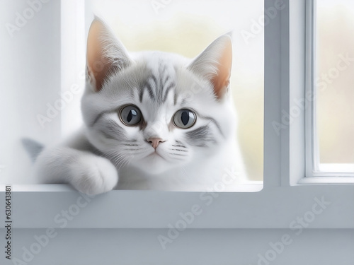 Close up image, cat merican short hair portrait, perched  on a white window sill. natural and blurred background. generative ai © sutthichai