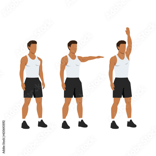 Man doing single arm front raises to overhead extension. Flat vector illustration isolated on white background