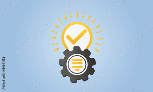 Black bulb and gear like effective solution icon. concept of abstract tech done efficacy symbol.on blue background.Vector Design Illustration.