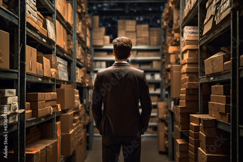 illustration of a man in a business suit standing between shelves with cardboard boxes. warehouse concept in a logistics company. Created with Generative AI 