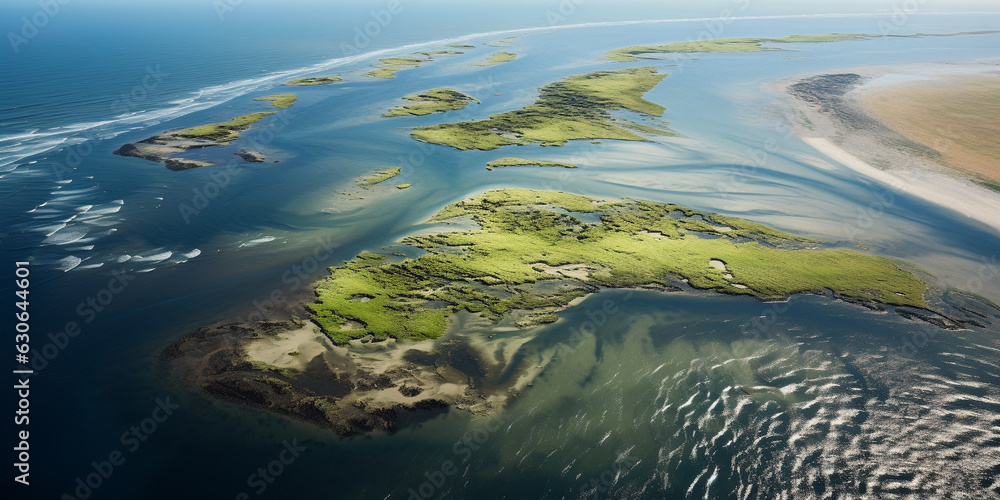 illustration of aerial view of the sea coast with islands. Created with Generative AI	
