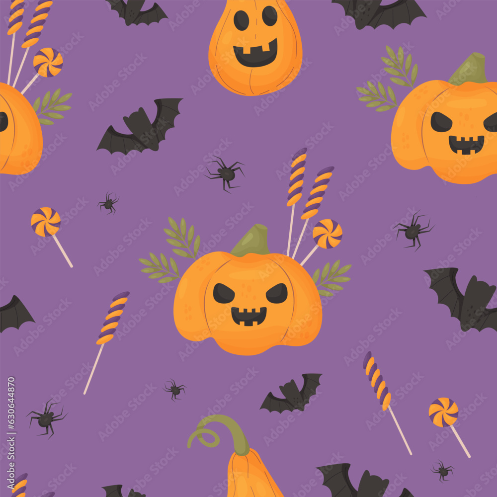 Halloween Seamless pattern with bats, pumpkin jack o lantern and candies on purple background. Vector illustration for festive design, packaging, wallpaper, textile.