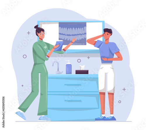 Nurse looking at dental x-ray and talking with young man. Patient consulting with dentist in hospital. Dental care and treatment. Flat vector illustration in cartoon style in blue colors