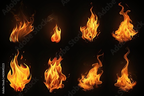 Set of fire and burning flame isolated on dark background