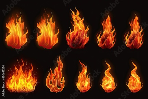Set of fire and burning flame isolated on dark background