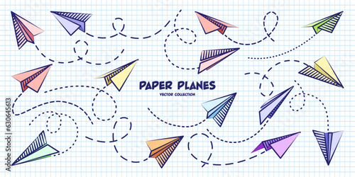 Hand drawn planes on checkered paper sheet. School notebook for drawing. Doodle airplane, dotted route line. Aircraft icon, simple colorful plane silhouettes. Outline, line art. Vector illustration