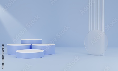 Blue and white cylindrical podium  abstract blue background with bright neon lights for advertising premium products  fashion  3D illustration.
