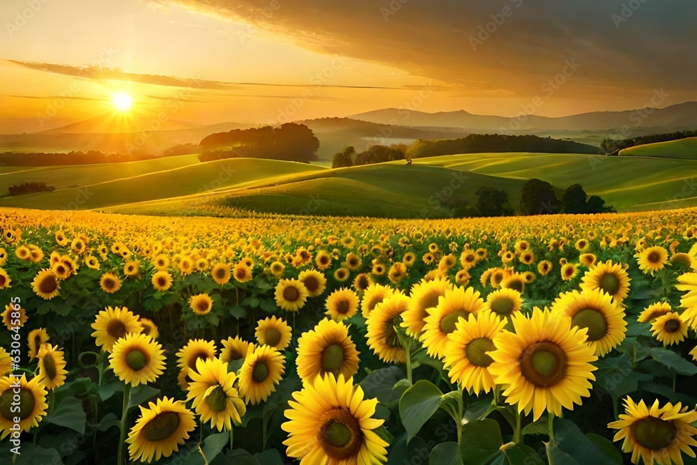 Fototapeta premium field of sunflowers in the sunset