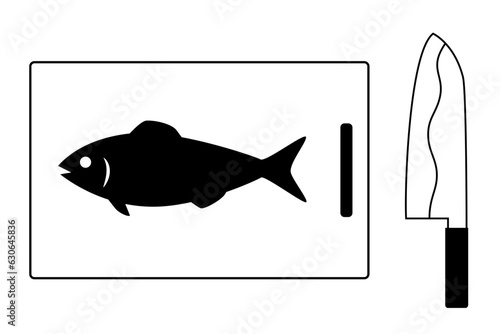 包丁とまな板にのった魚。調理アイコン。