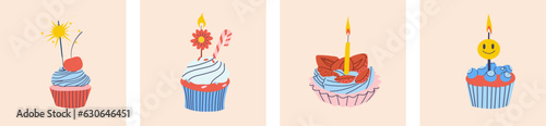A set of cupcakes with candles. Birthday cake. For invitations, banners, flyers.