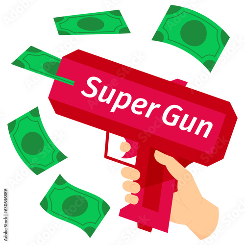 Cartoon red super gun in hand with green money flying isolated on white background. Machine gun for holiday games, party or event show