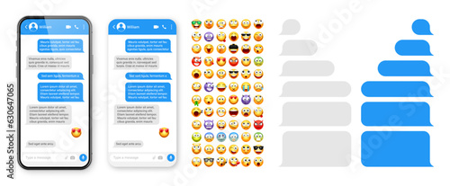 Smartphone messaging app, user interface design with emoji. SMS text frame. Chat screen with blue message bubbles. Texting app for communication. Social media application. Vector illustration