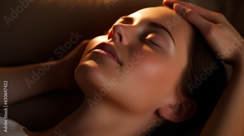 A close-up of a persons face as they receive a massage, mental health images, photorealistic illustration