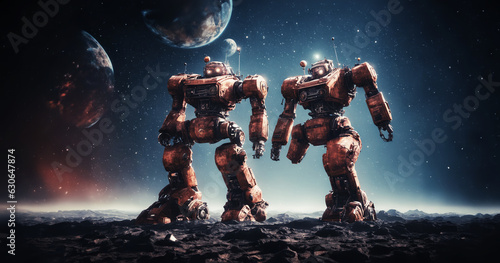 immagine di possenti robot meccanici giganti da combattimento danneggiati sulla superficie di un pianeta alieno, spazio, pianeti, vista dal basso photo