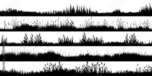 Meadow silhouettes with grass, plants on plain. Panoramic summer lawn landscape with herbs, various weeds. Herbal border, frame element. Black horizontal banners. Vector illustration