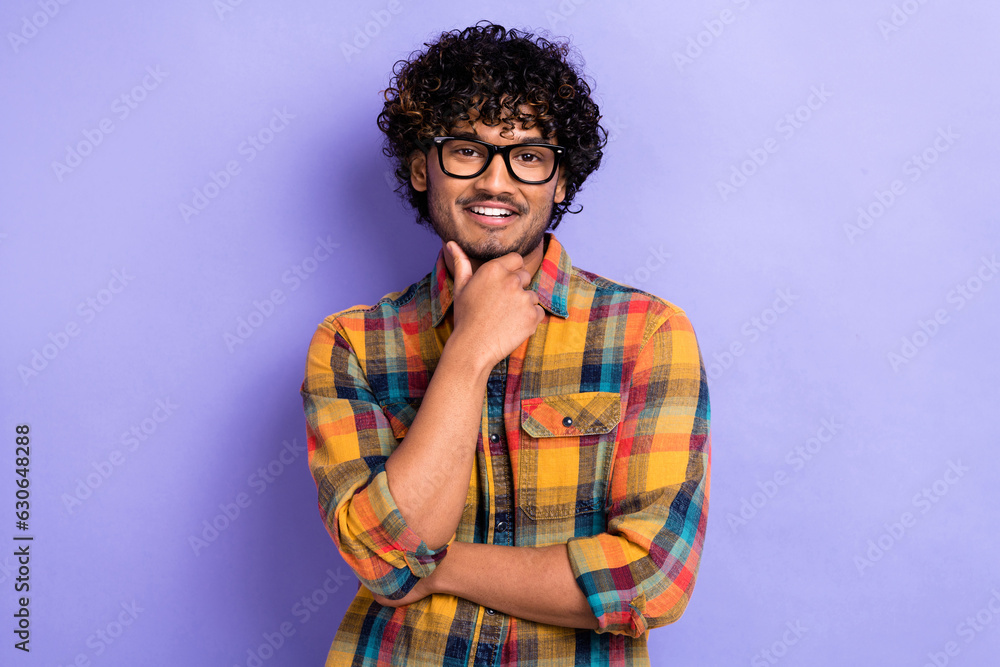 Photo of young man boss office team leader touch chin thoughtful wear formal smart casual outfit isolated over purple color background Photo of young man boss office team leader touch chin thoughtful wear formal smart casual outfit isolated over purple color background