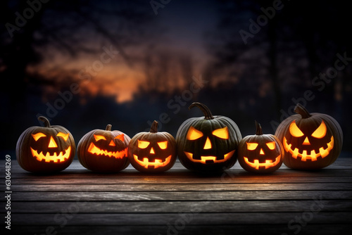 A group of pumpkins on a wooden table with blurry dark forest background, Halloween, Generative AI