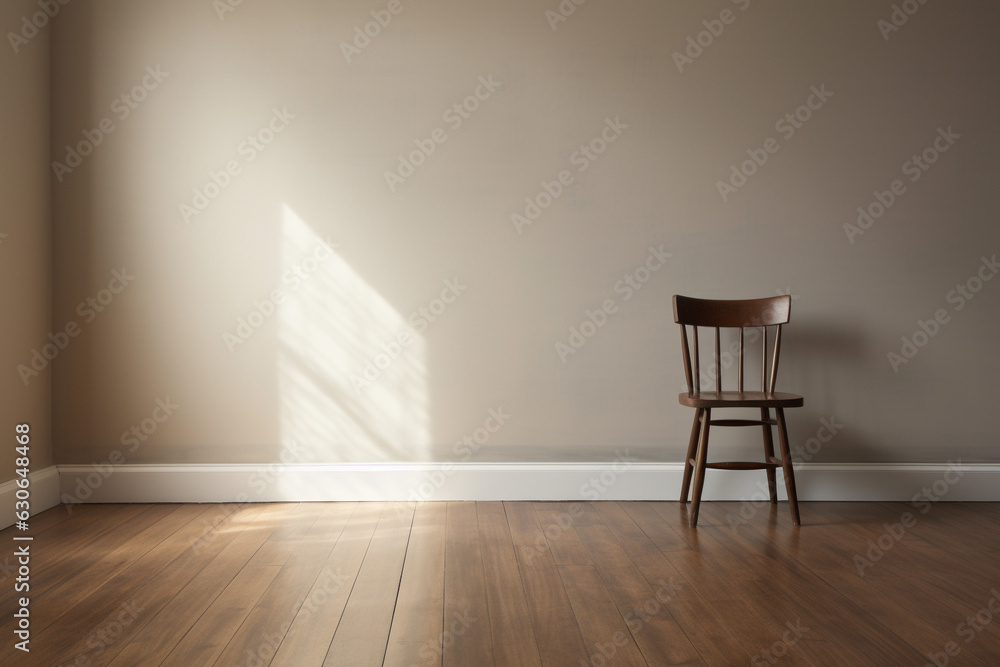 A room with a gray wall and a wooden floor. The room is empty except for a chair, Generative AI A room with a gray wall and a wooden floor. The room is empty except for a chair, Generative AI