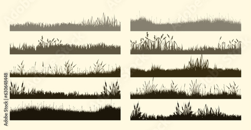 Wallpaper Mural Meadow silhouettes with grass, plants on plain. Panoramic summer lawn landscape with herbs, various weeds. Herbal border, frame element. Brown horizontal banners. Vector illustration Torontodigital.ca