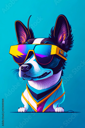 A detailed illustration of a dog wearing trendy sunglasses with leaf  paint splash  and graffiti background for a t-shirt design and fashion