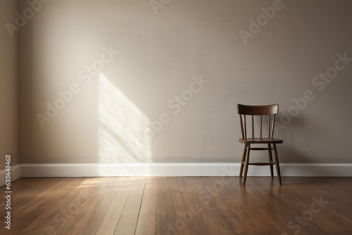 A room with a gray wall and a wooden floor. The room is empty except for a chair  Generative AI