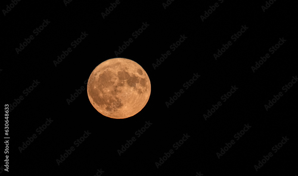 Night photo with a bloody red moon sunrise called also sturgeon moon. Moon astronology image. - obrazy, fototapety, plakaty 