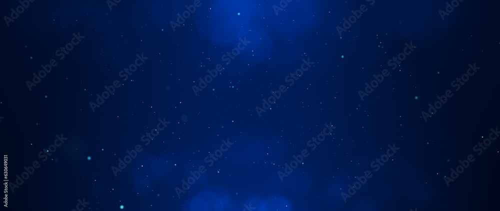 Banner dark blue bokeh particles glitter awards dust gradient abstract background. Futuristic glittering in space on blue background