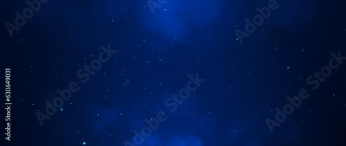 Banner dark blue bokeh particles glitter awards dust gradient abstract background. Futuristic glittering in space on blue background