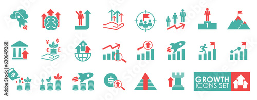 A solid collection of Growth icon set. Vector illustration. Containing performance, increase, evolution, gain, improvement, grow, chart, and development icons.