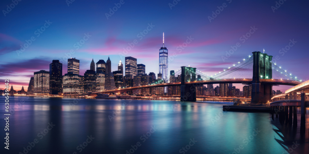 Naklejka premium Captivating cityscape at dusk with skyline, bridge, and illuminated buildings reflecting on water.