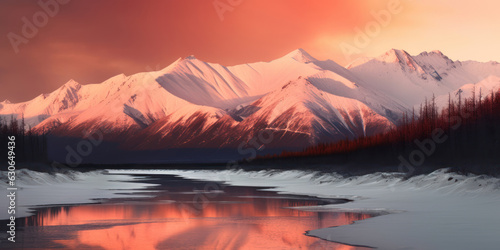 Tranquil Winter Sunrise over Snowy Mountain Range and Reflection in Lake