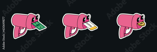 Set of funny groovy retro clipart of pink toy guns. Money, coupon and coin gun character in 70s cartoon style