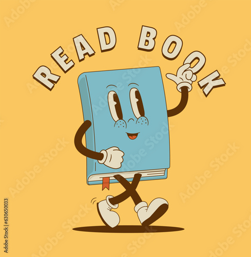 Read books festival, bookcrossing, bookstore sale, ad poster in Retro cartoon style. Vintage bookshop mascot vector illustration. Library enent, edication, back to school. World book day