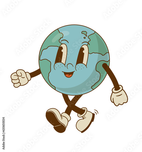 Retro cartoon cute Earth globe character mascot vector illustration. Save the planet. Environment day. Green vibes