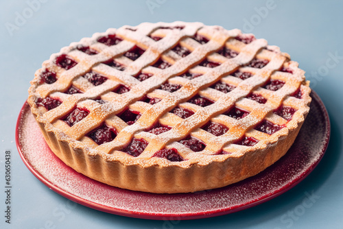 Pie called 'Linzer Torte', a traditional Austrian shortcake pastry topped with fruit preserves and ground nuts with lattice design photo