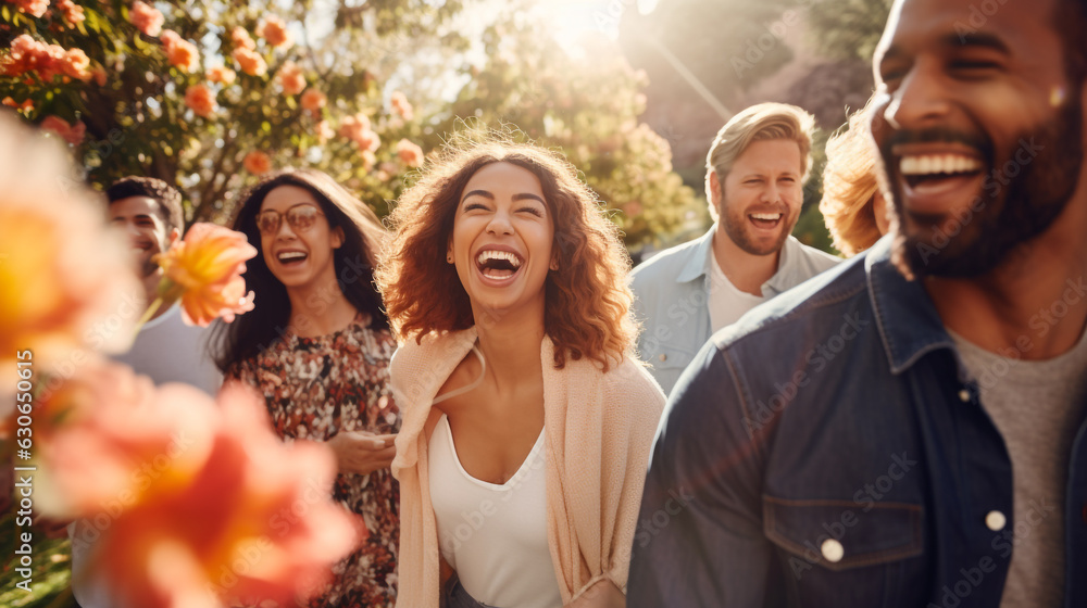 A group of people are walking through a park, mental health images, photorealistic illustration A group of people are walking through a park, mental health images, photorealistic illustration