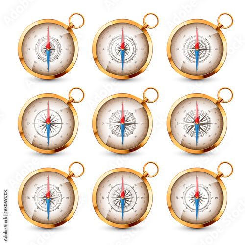 Vintage compass, marine wind rose with cardinal directions of North, East, South, West. Realistic golden navigational compass, shiny metal. Cartography and navigation. Vector illustration