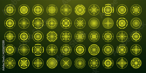 Crosshair, gun sight vector icons. Bullseye, black target or aim symbol. Military rifle scope, shooting mark sign. Targeting, aiming for a shot. Archery, hunting and sports shooting. Game UI element.