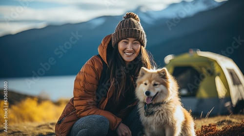  woman travelling with Siberian Husky Dog. she's beautiful smile. view of mountain and lake background in the daylight morning. © banthita166