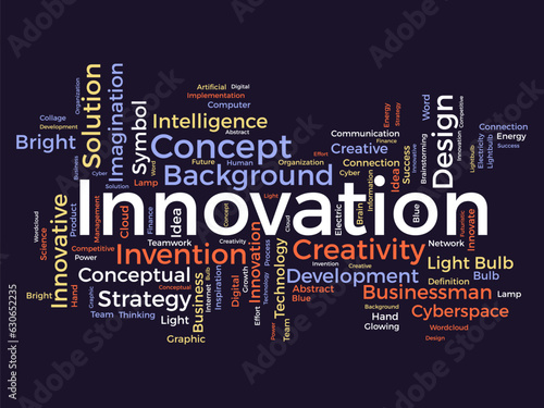 Word cloud background concept for Innovation. Creativity concept strategy can do invention solution idea develop. vector illustration.