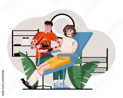 Woman sitting in salon, master making tattoo on her hand. Process of creating and drawing new tattoo. Concept of tattoo lovers. Flat vector illustration in cartoon style