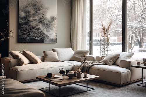 Stylish white modern living room interior, home decor,Generative AI © Azar