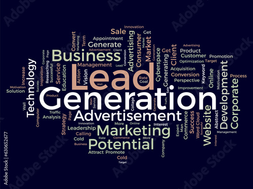 Word cloud background concept for Lead generation. Financial marketing strategy control for generating customer potential. vector illustration.